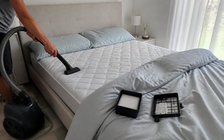 Staubsauger mit Filter beim Saugen im Schlafzimmer