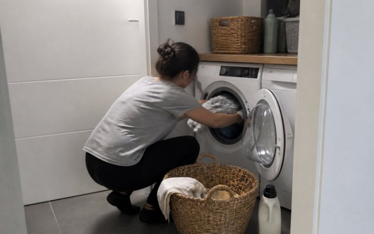 Waschmaschine wird im Hauswirtschaftsraum beladen